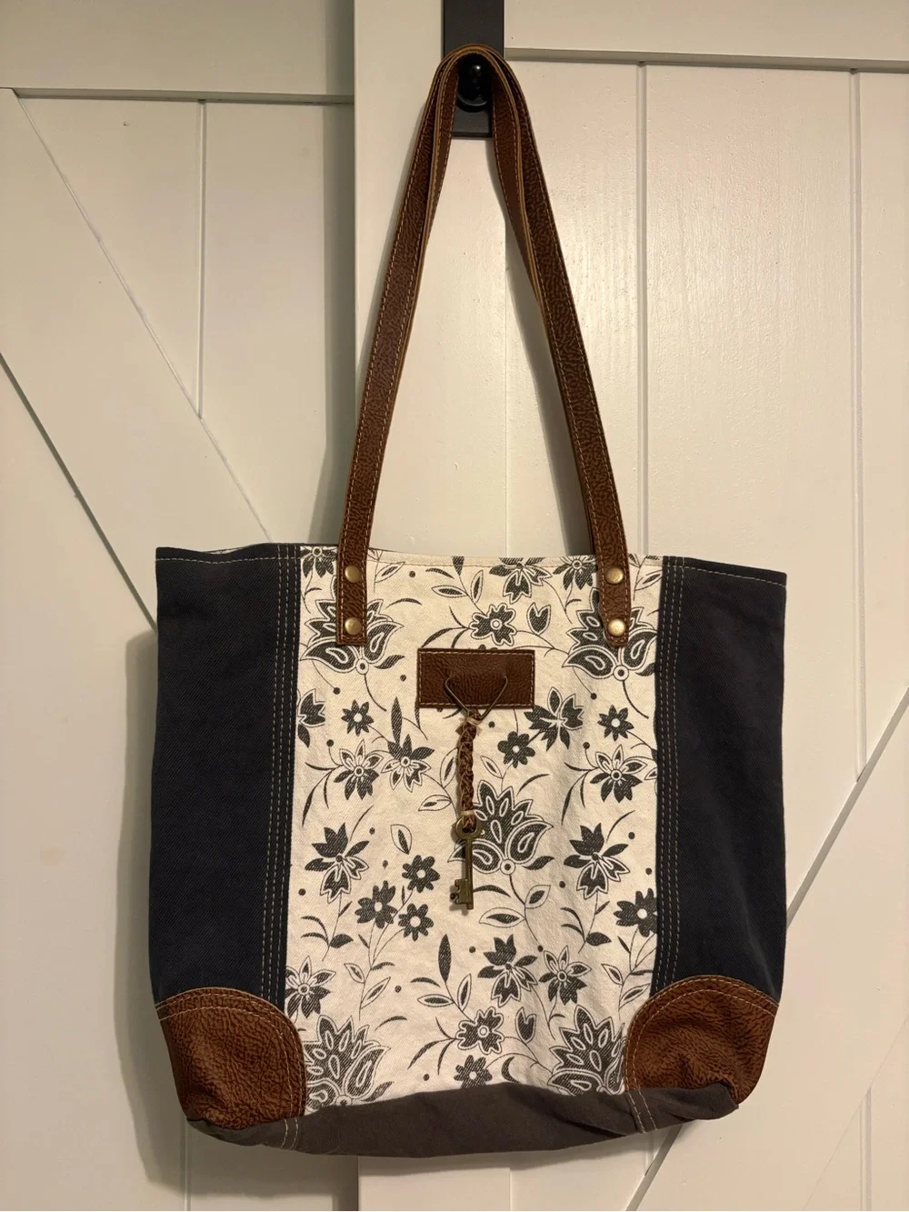 Myra Canvas Floral Tote Bag with Brown Leather Accents